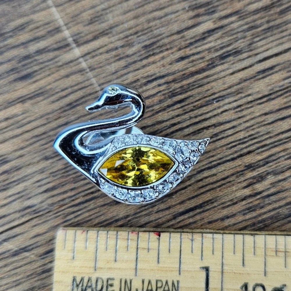 Swarovski Silver Tone Yellow Crystal Swan Pin Brooch Rhodium Plated Tie Tack